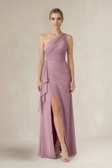 Vintage Mauve One-Shoulder Sheath Ruched Ruffled Bridesmaid Dress in Vintage Mauve | KISSBRIDAL