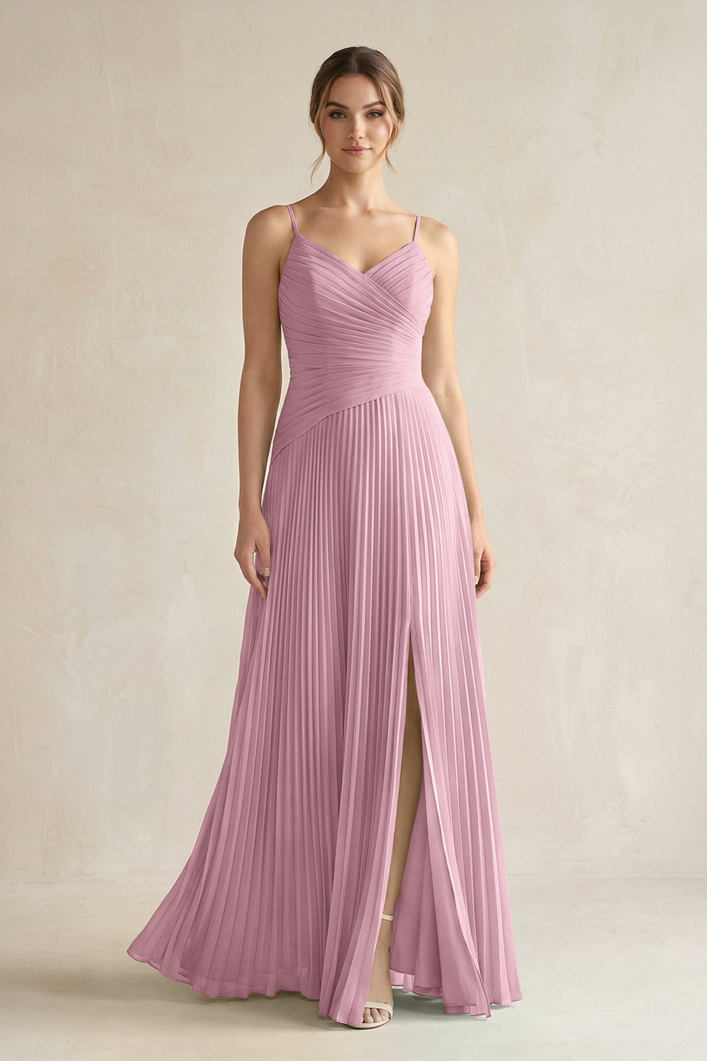 Pleated A-Line Long Chiffon Bridesmaid Dress in Vintage Mauve