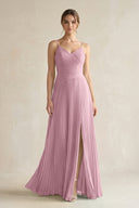 Vintage Mauve Pleated A-Line Long Chiffon Bridesmaid Dress | KISSBRIDAL