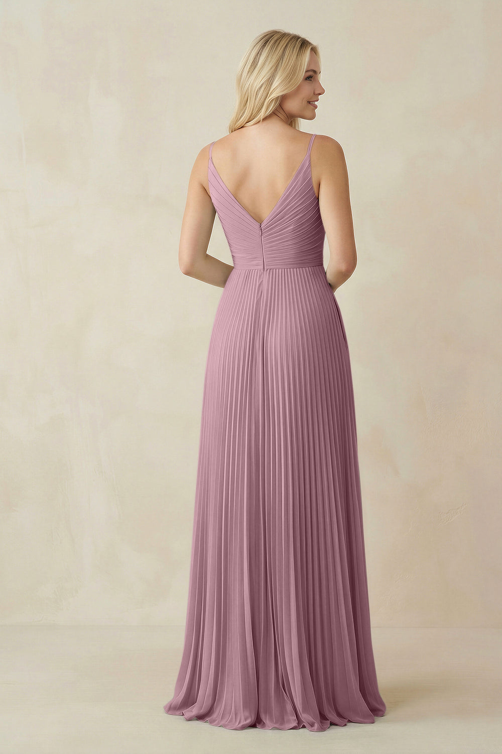 Pleated V-Neck A-Line Chiffon Bridesmaid Dress in Vintage Mauve