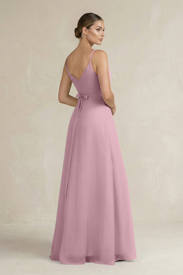 Vintage Mauve Ruched A-Line Chiffon Bridesmaid Dress with Slit (2) | KISSBRIDAL
