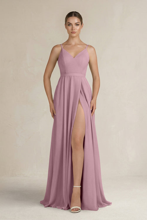 Vintage Mauve Ruched A-Line Chiffon Bridesmaid Dress with Slit | KISSBRIDAL