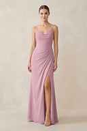 Vintage Mauve Ruched Sheath Spaghetti Strap Chiffon Bridesmaid Dress | KISSBRIDAL