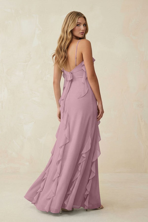 Vintage Mauve Ruffled Cami Strap Chiffon Sheath Bridesmaid Dress (2) | KISSBRIDAL