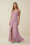 Vintage Mauve Ruffled Cami Strap Chiffon Sheath Bridesmaid Dress | KISSBRIDAL