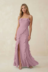 Vintage Mauve Ruffled Cami Strap Chiffon Sheath Bridesmaid Dress | KISSBRIDAL