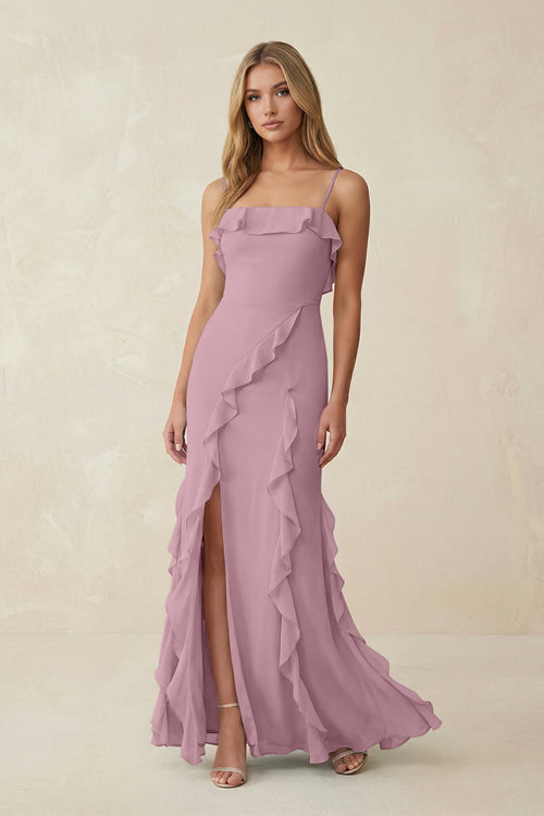 Vintage Mauve Ruffled Cami Strap Chiffon Sheath Bridesmaid Dress | KISSBRIDAL