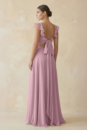 Vintage Mauve Ruffled Chiffon A-Line Long Bridesmaid Dress (2) | KISSBRIDAL