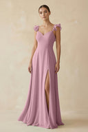 Vintage Mauve Ruffled Chiffon A-Line Long Bridesmaid Dress | KISSBRIDAL