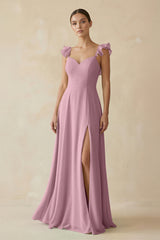 Vintage Mauve Ruffled Chiffon A-Line Long Bridesmaid Dress | KISSBRIDAL