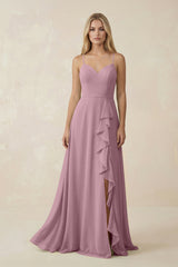 Vintage Mauve Ruffled Hem A-Line Chiffon Bridesmaid Dress | KISSBRIDAL