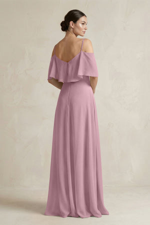 Vintage Mauve Ruffled Off-the-Shoulder A-Line Chiffon Bridesmaid Gown (2) | KISSBRIDAL