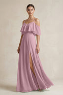 Vintage Mauve Ruffled Off-the-Shoulder A-Line Chiffon Bridesmaid Gown | KISSBRIDAL