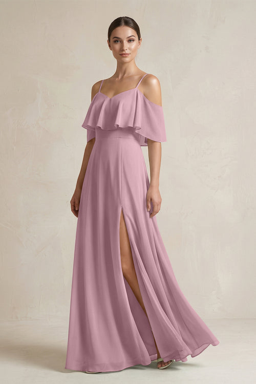 Vintage Mauve Ruffled Off-the-Shoulder A-Line Chiffon Bridesmaid Gown | KISSBRIDAL
