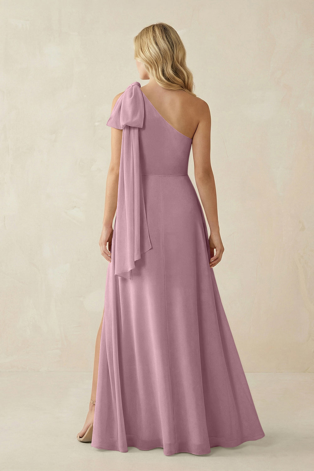 Ruffled One Shoulder Chiffon Bridesmaid Dress With Slit in Vintage Mauve