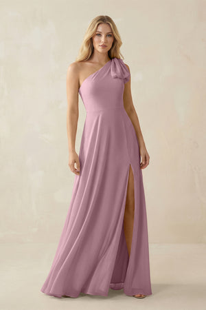 Vintage Mauve Ruffled One Shoulder Chiffon Bridesmaid Dress With Slit in Vintage Mauve | KISSBRIDAL
