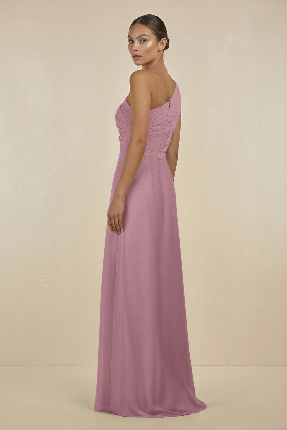 Ruffled One-Shoulder Pleated Sheath Bridesmaid Dress in Vintage Mauve