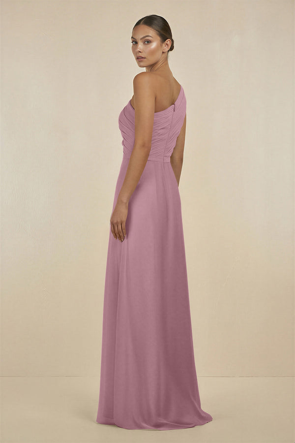 Vintage Mauve Ruffled One-Shoulder Pleated Sheath Bridesmaid Dress (2) | KISSBRIDAL