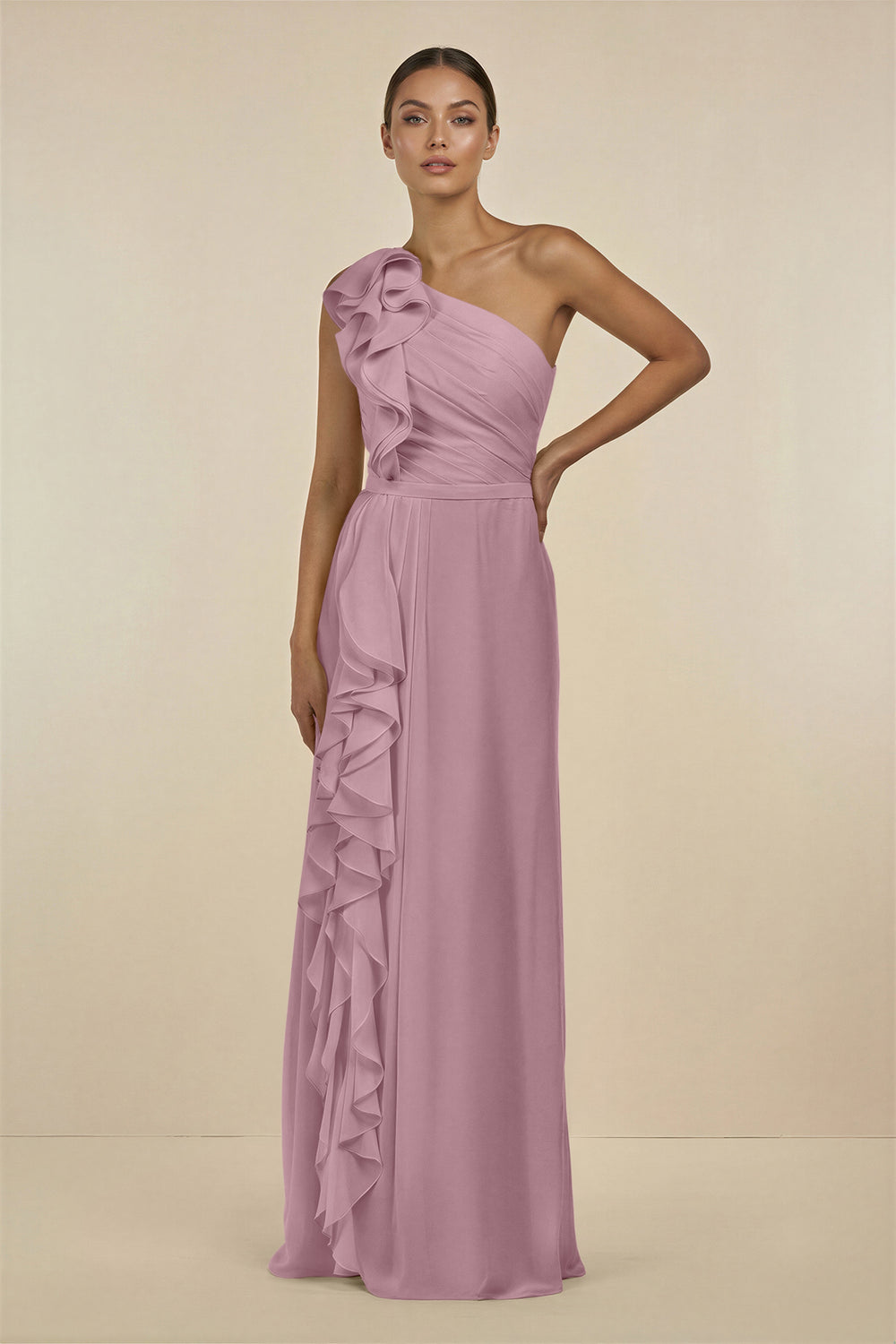 Ruffled One-Shoulder Pleated Sheath Bridesmaid Dress in Vintage Mauve