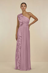 Vintage Mauve Ruffled One-Shoulder Pleated Sheath Bridesmaid Dress | KISSBRIDAL