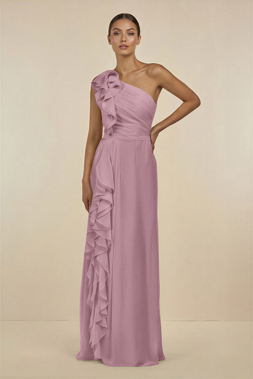 Vintage Mauve Ruffled One-Shoulder Pleated Sheath Bridesmaid Dress | KISSBRIDAL