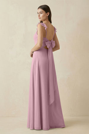 Vintage Mauve Ruffled Sleeve A-Line Chiffon Bridesmaid Dress (2) | KISSBRIDAL