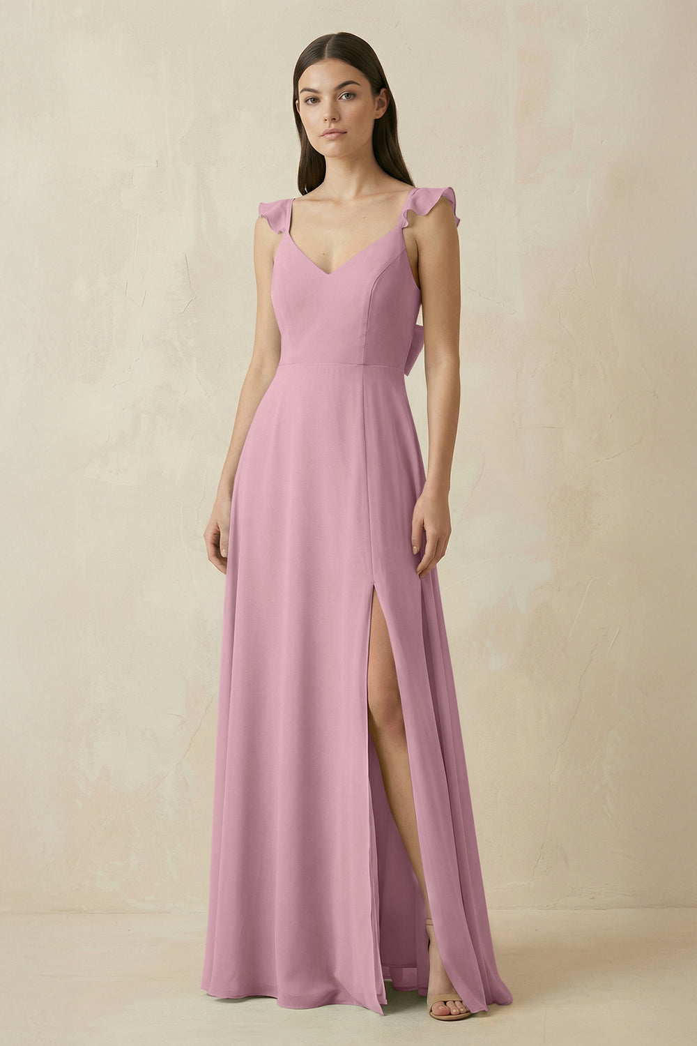 Ruffled Sleeve A-Line Chiffon Bridesmaid Dress in Vintage Mauve
