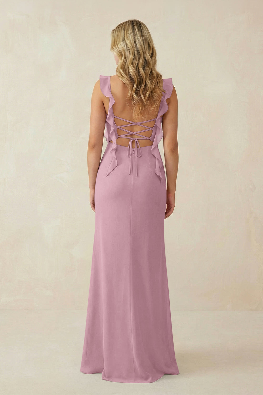 Ruffled Sleeve Ruched Sheath Chiffon Bridesmaid Dress in Vintage Mauve