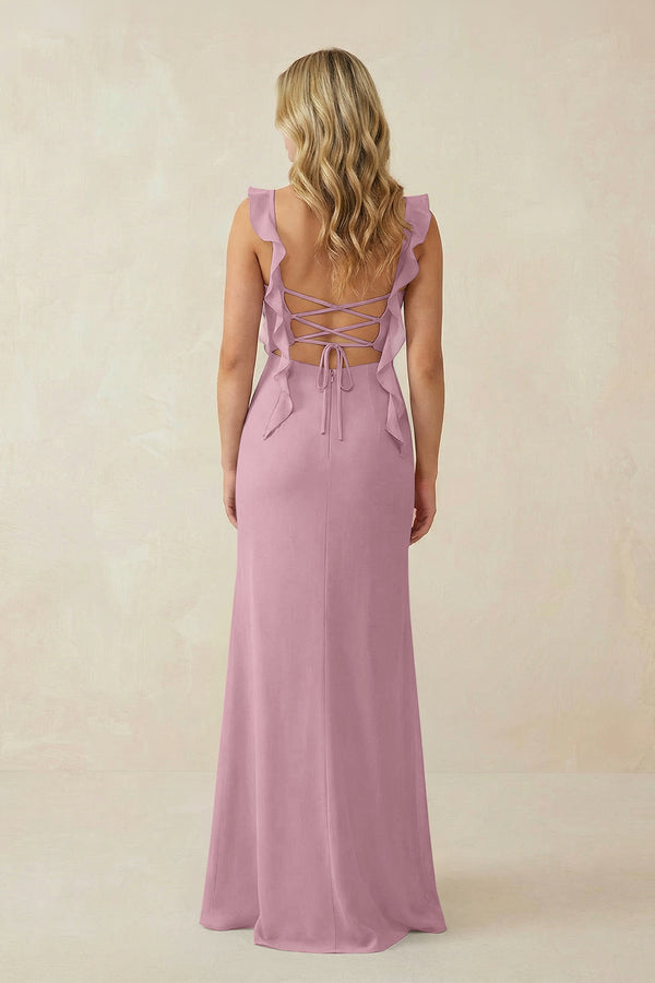 Vintage Mauve Ruffled Sleeve Ruched Sheath Chiffon Bridesmaid Dress (2) | KISSBRIDAL