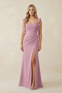 Vintage Mauve Ruffled Sleeve Ruched Sheath Chiffon Bridesmaid Dress | KISSBRIDAL