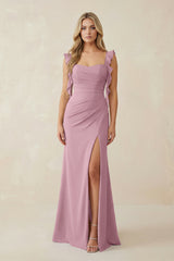 Vintage Mauve Ruffled Sleeve Ruched Sheath Chiffon Bridesmaid Dress | KISSBRIDAL
