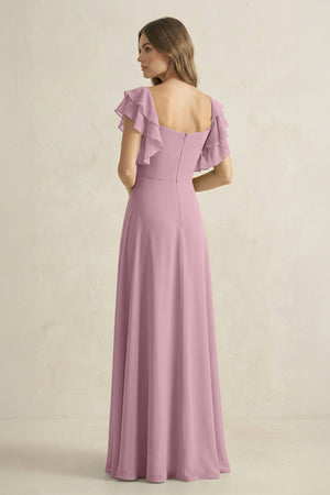 Vintage Mauve Ruffled Sleeves A-Line Chiffon Bridesmaid Dress (2) | KISSBRIDAL