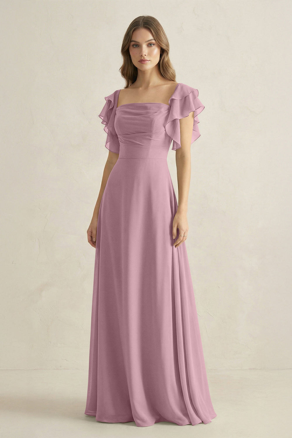 Ruffled Sleeves A-Line Chiffon Bridesmaid Dress in Vintage Mauve