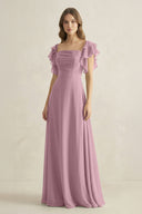 Vintage Mauve Ruffled Sleeves A-Line Chiffon Bridesmaid Dress | KISSBRIDAL