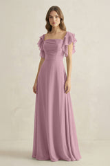 Vintage Mauve Ruffled Sleeves A-Line Chiffon Bridesmaid Dress | KISSBRIDAL