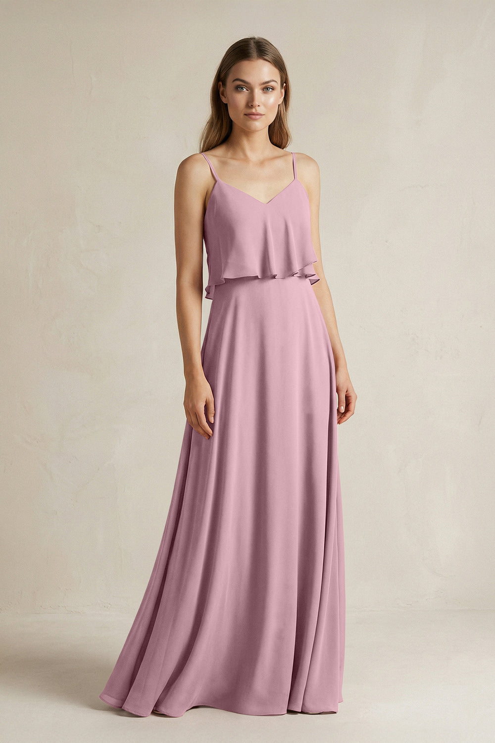 Ruffled Spaghetti Strap A-Line Chiffon Bridesmaid Dress in Vintage Mauve