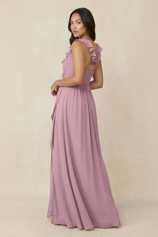 Vintage Mauve Ruffled V-Neck A-Line Chiffon Bridesmaid Dress (2) | KISSBRIDAL