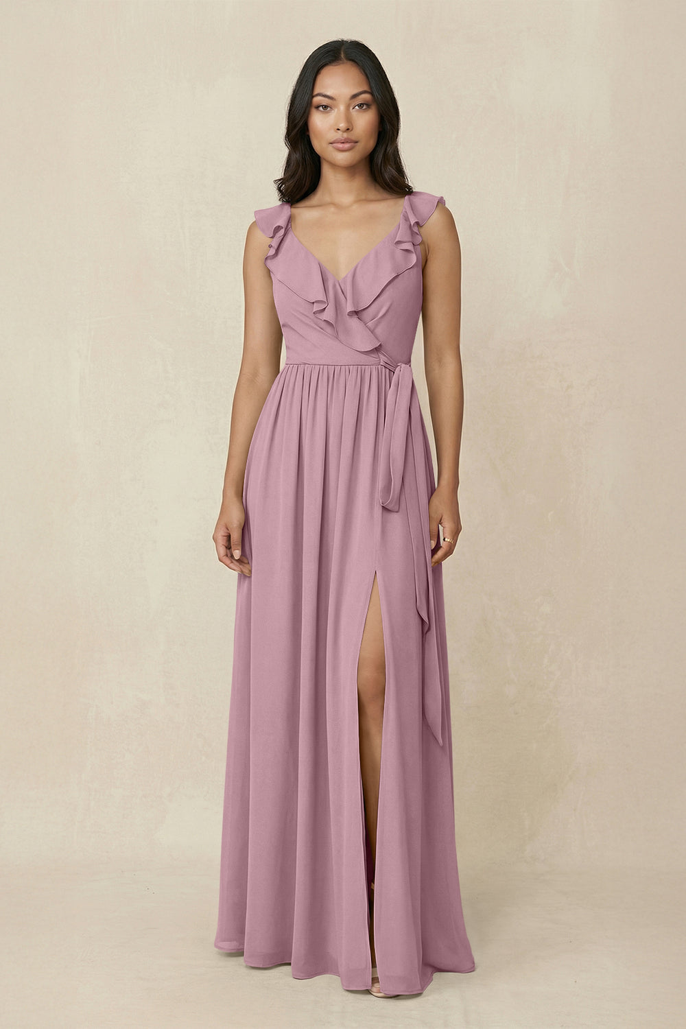 Ruffled V-Neck A-Line Chiffon Bridesmaid Dress in Vintage Mauve