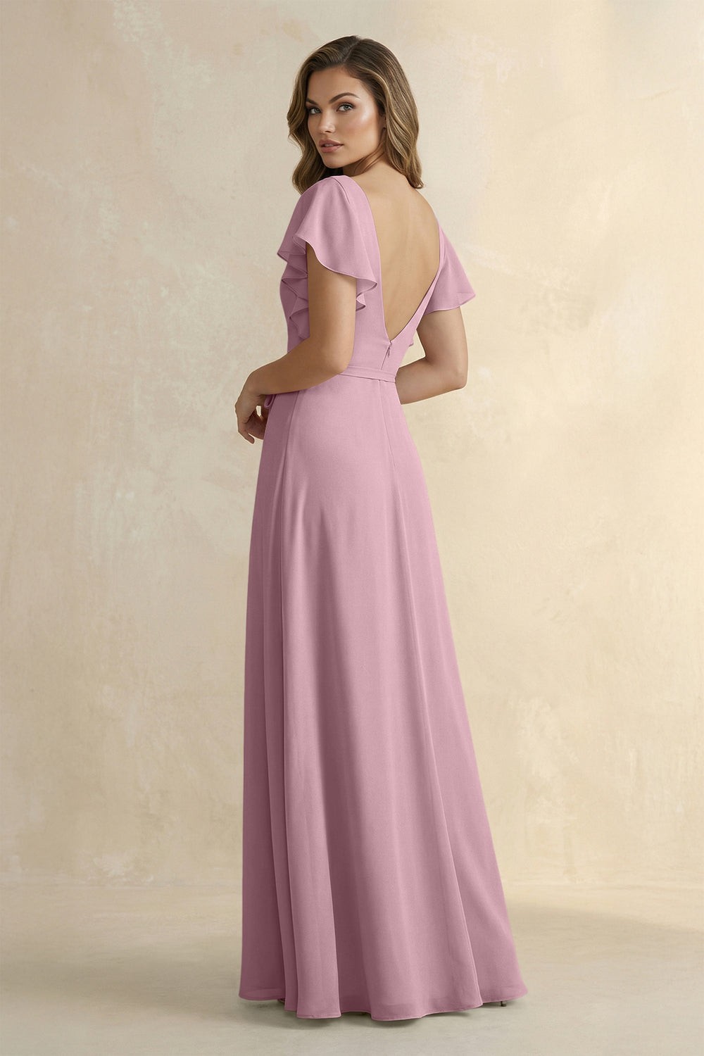 Ruffled V-Neck Chiffon A-Line Bridesmaid Dress in Vintage Mauve