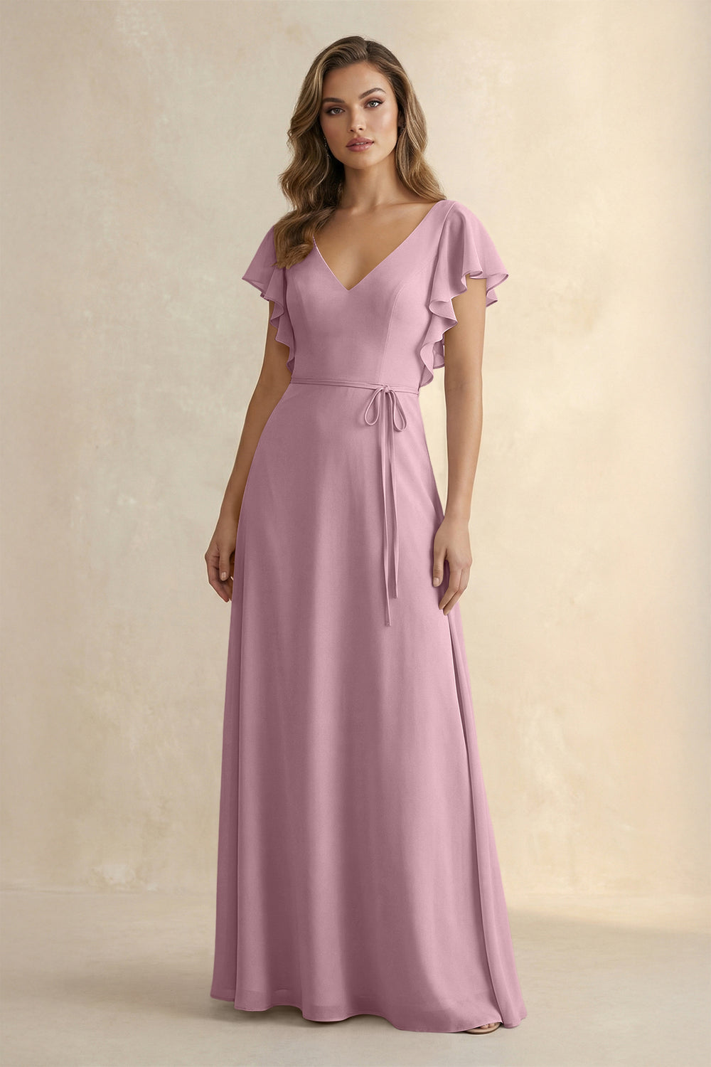 Ruffled V-Neck Chiffon A-Line Bridesmaid Dress in Vintage Mauve
