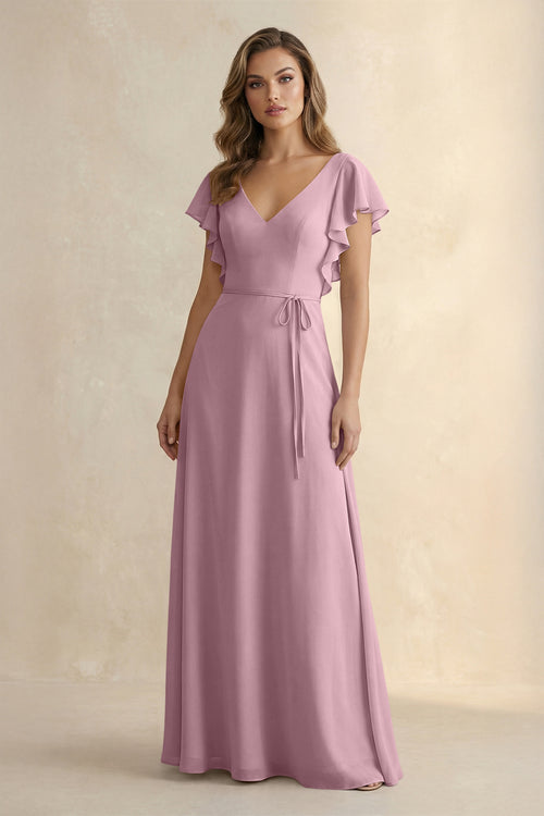Vintage Mauve Ruffled V-Neck Chiffon A-Line Bridesmaid Dress | KISSBRIDAL