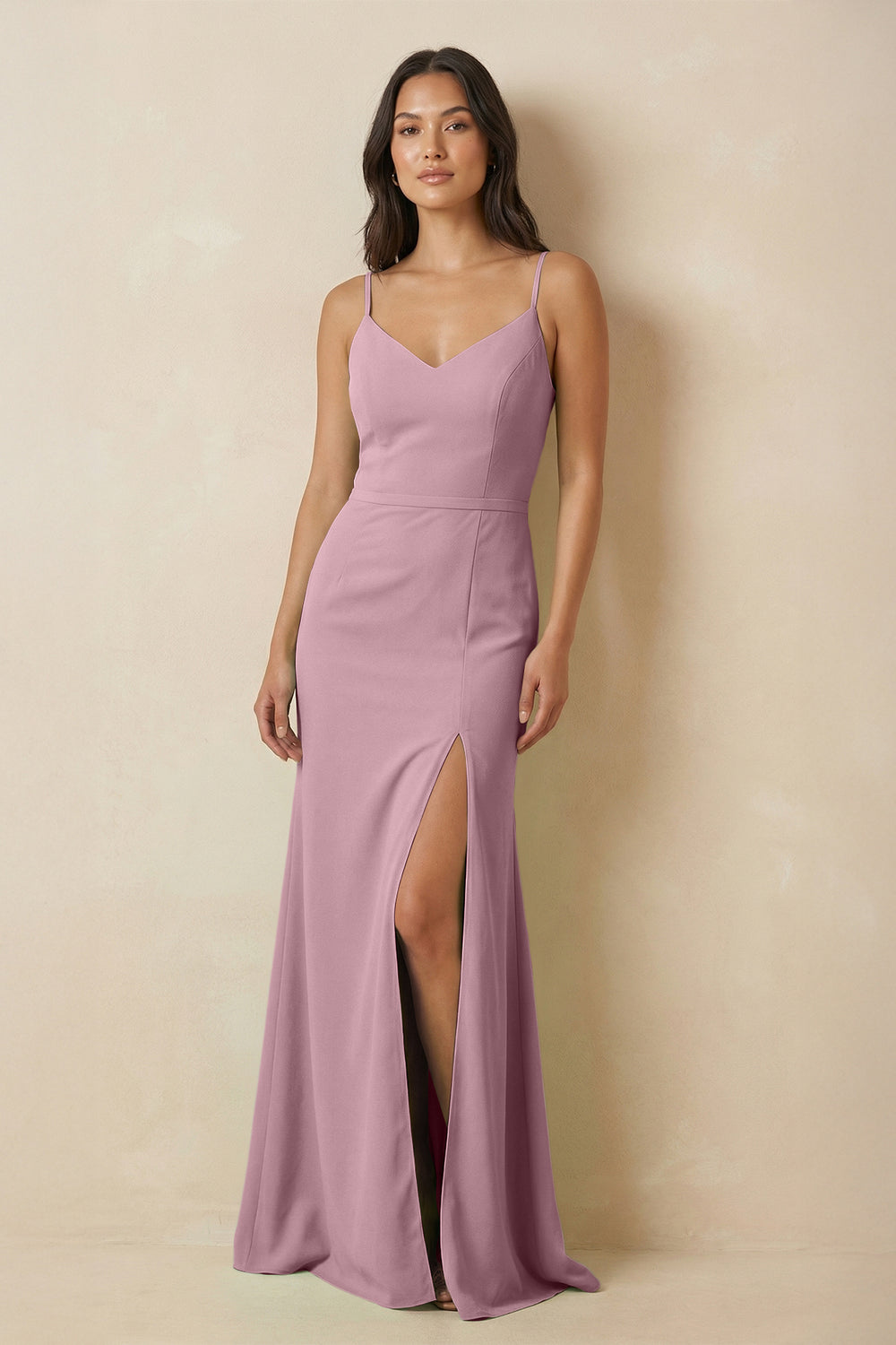 Sheath Cami Strap Chiffon Bridesmaid Dress with Slit in Vintage Mauve