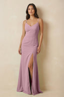 Vintage Mauve Sheath Cami Strap Chiffon Bridesmaid Dress with Slit | KISSBRIDAL