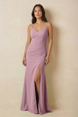 Vintage Mauve Sheath Cami Strap Chiffon Bridesmaid Dress with Slit | KISSBRIDAL