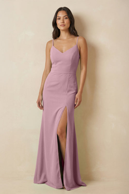 Vintage Mauve Sheath Cami Strap Chiffon Bridesmaid Dress with Slit | KISSBRIDAL