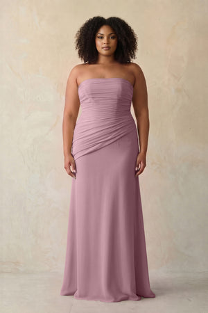 Vintage Mauve Sheath Chiffon Strapless Pleated Bridesmaid Dress (3) [sizeplus] | KISSBRIDAL