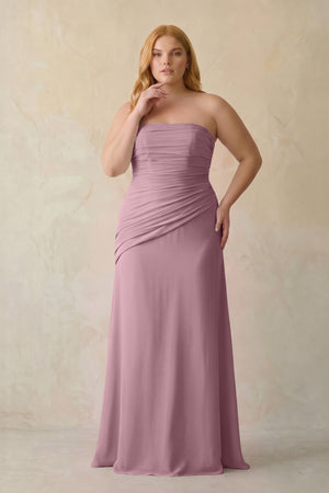 Vintage Mauve Sheath Chiffon Strapless Pleated Bridesmaid Dress [sizeplus] | KISSBRIDAL