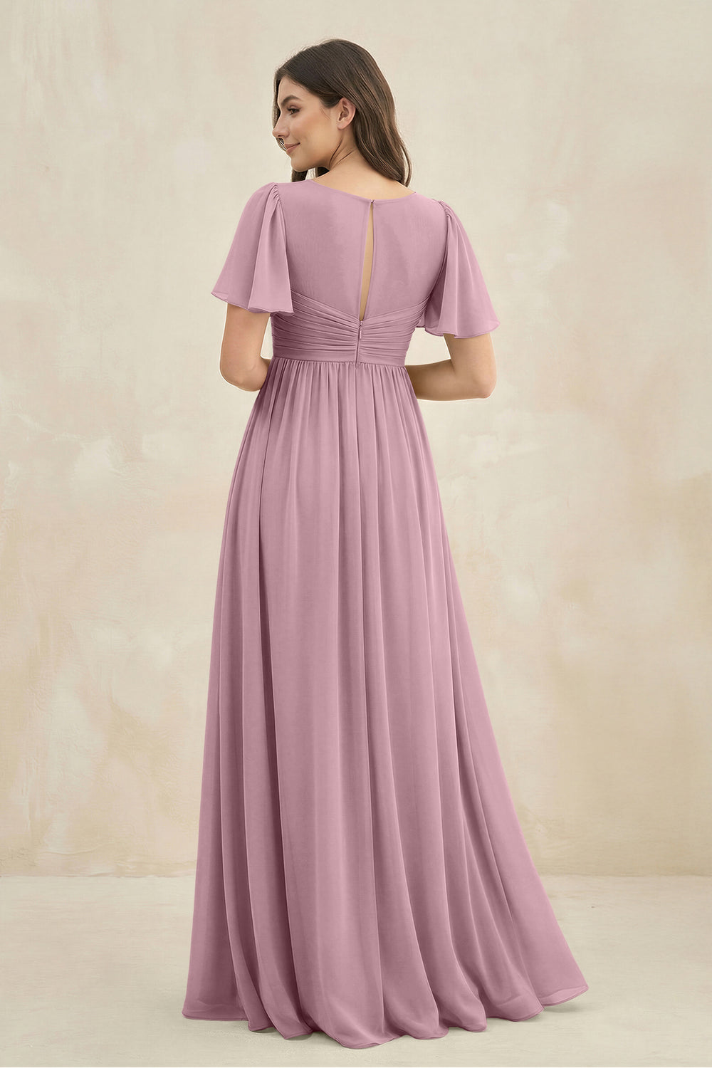 Short Sleeve Chiffon V-Neck A-Line Bridesmaid Dress in Vintage Mauve
