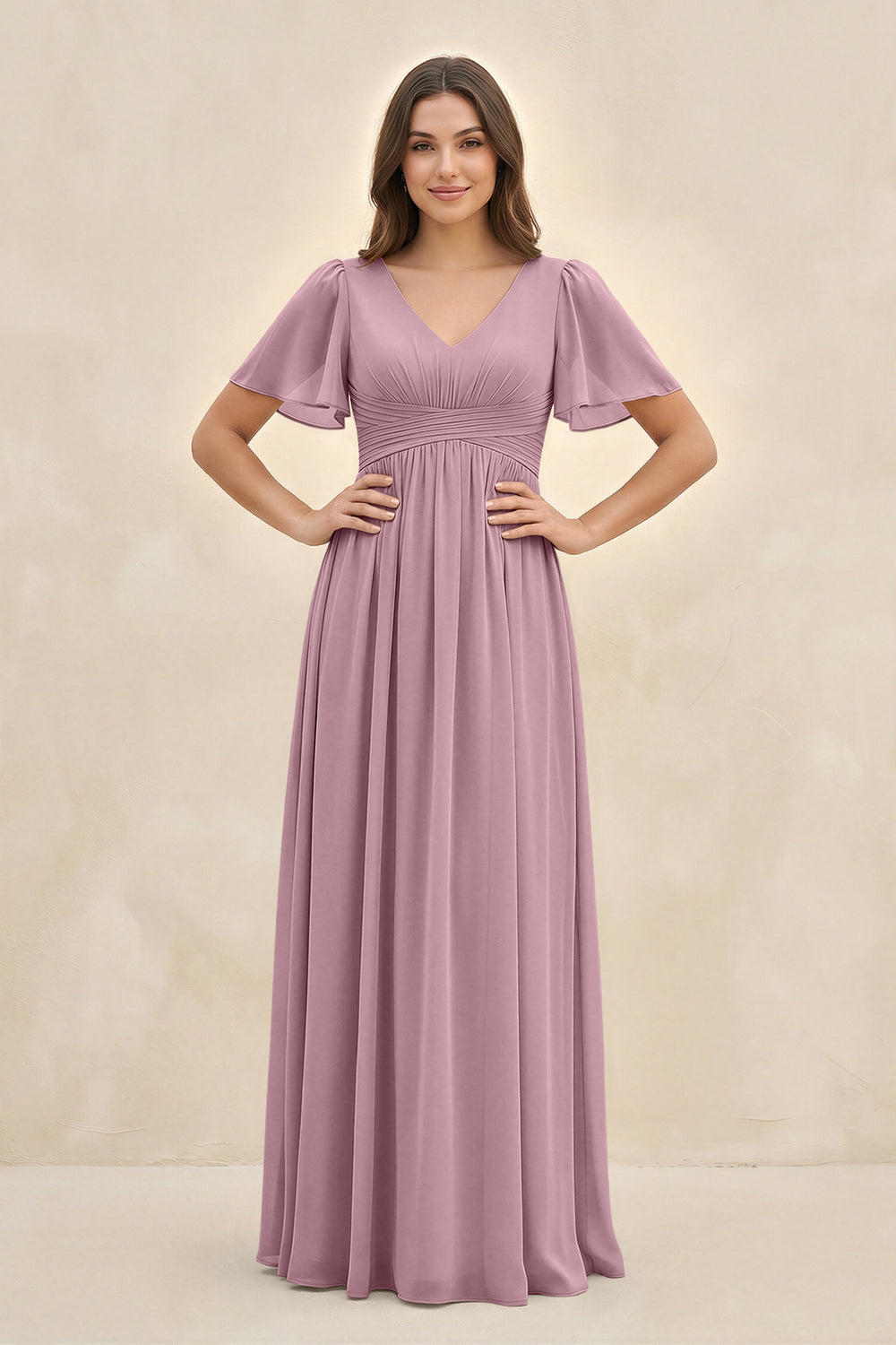 Short Sleeve Chiffon V-Neck A-Line Bridesmaid Dress in Vintage Mauve