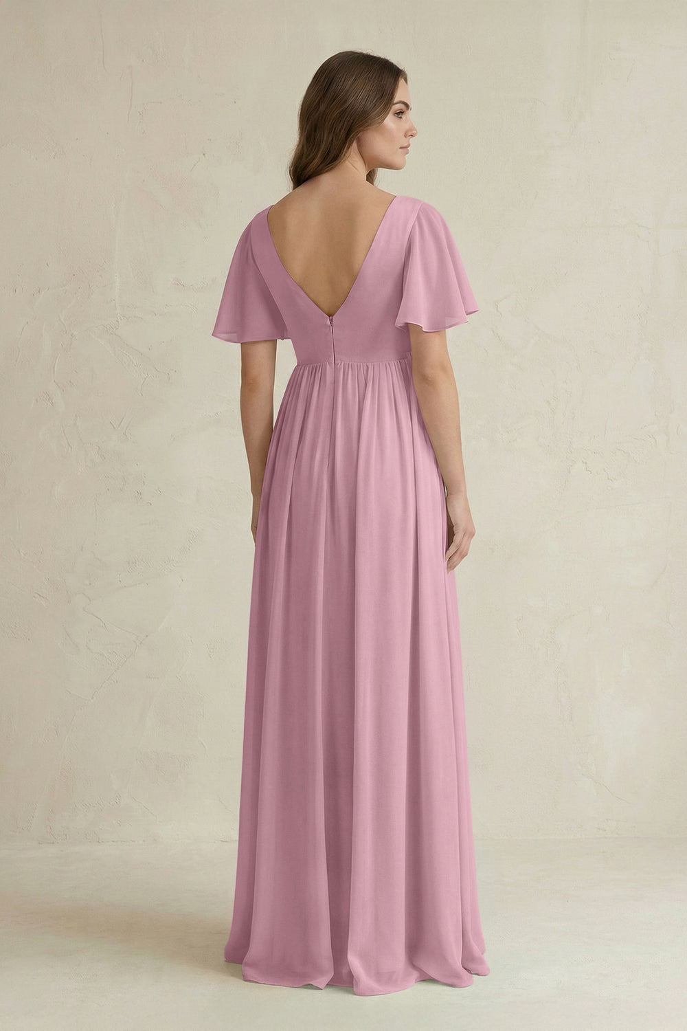 Short Sleeve V-Neck A-Line Chiffon Bridesmaid Dress in Vintage Mauve